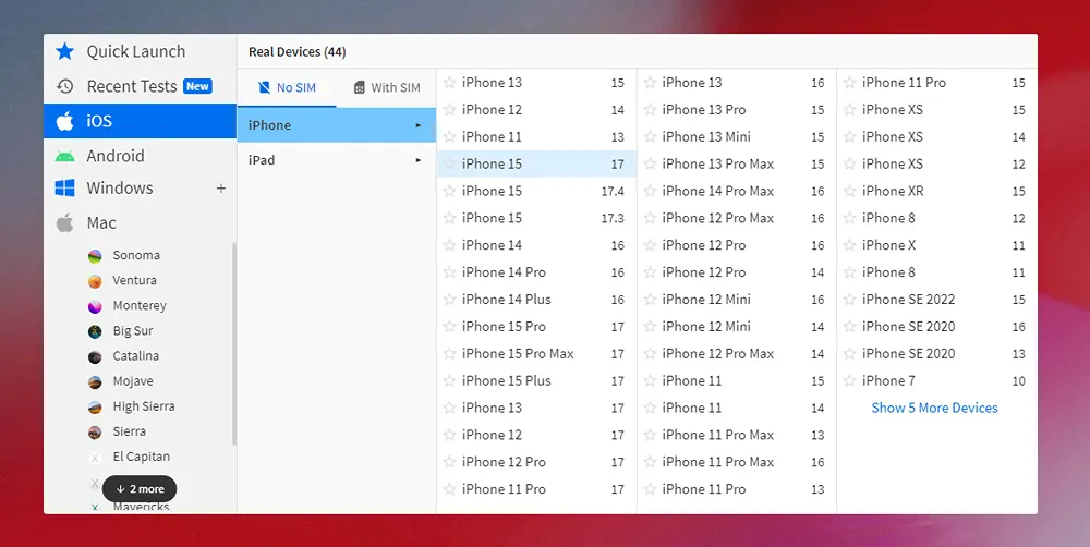 A screenshot showing a couple dozen simulated devices for testing.