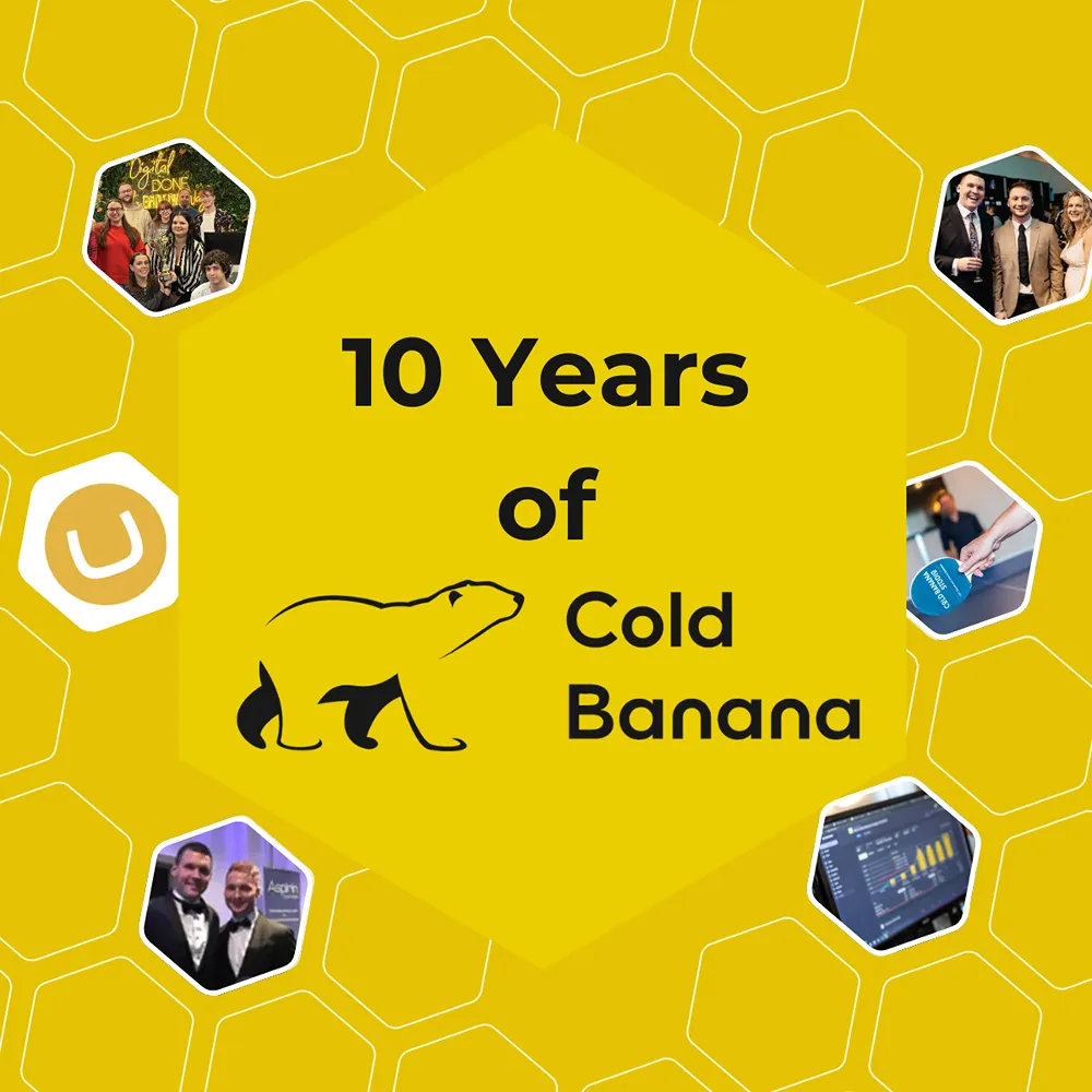 A black and yellow graphic, with white hexagonal outlines as the background. Within several of these hexagons are photos from the first 10 years of Cold Banana's history. In the centre is a large light yellow hexagon, with text inside it reading "10 Years of Cold Banana"