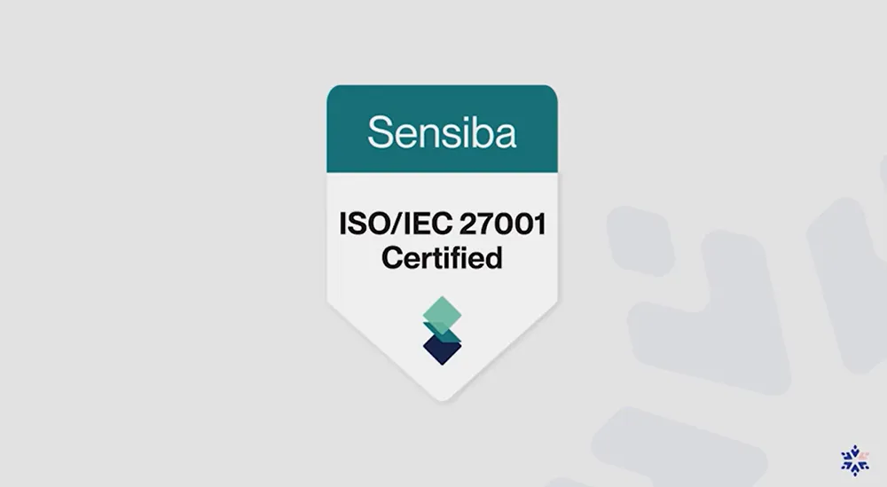 A slide from the Umbraco Winter Keynote 2026. In the middle is the Sensiba ISO/IEC 27001 Certified logo.