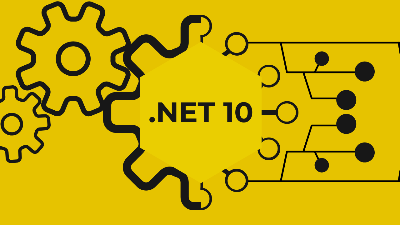 Turning gears on the left converting into digital threads on the right, with a central hexagon in the middle of the graphic featuring the words ".NET10"