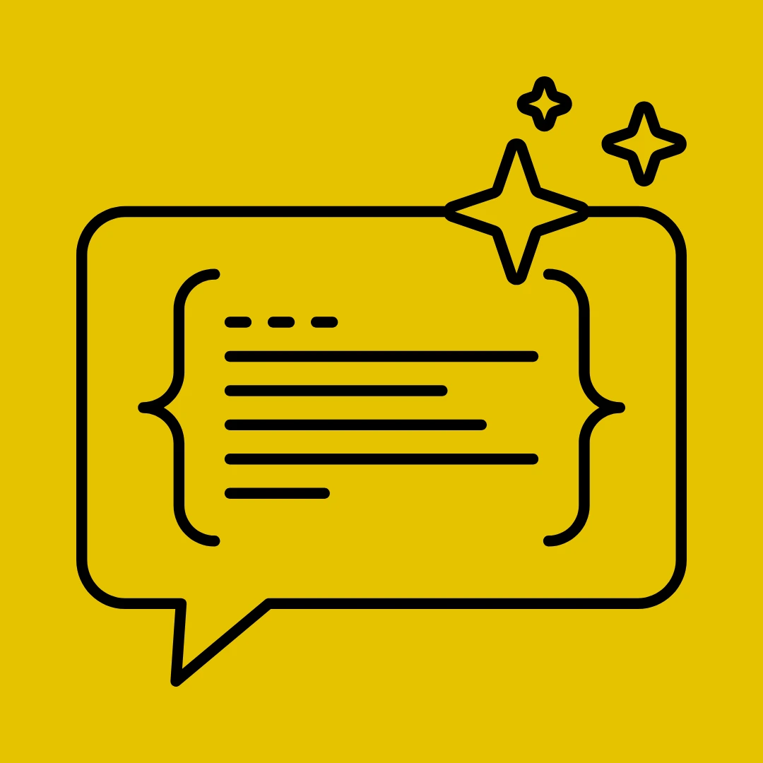 Black Generative Engine Optimisation Icon of a speech bubble with code in it and a sparkling star in the top right