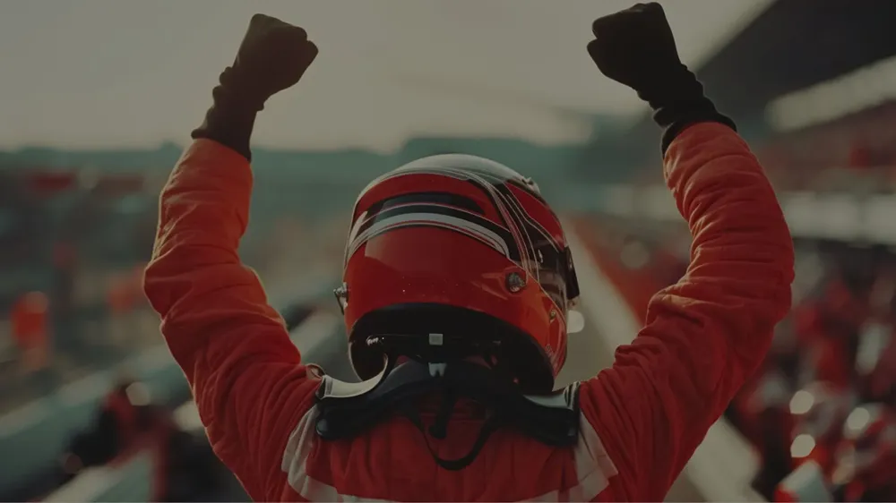 An image of a racing car driver in a red racing suit and helmet holding their arms up triumphantly
