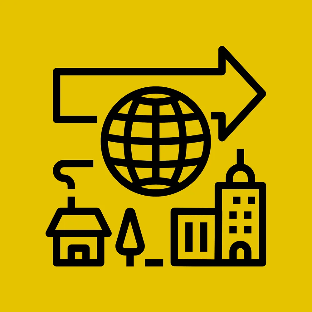 An icon representing modernisation, with a small house on the bottom left moving towards a city building on the bottom right. Above this sits a globe icon, with an arrow pointing from left to right.