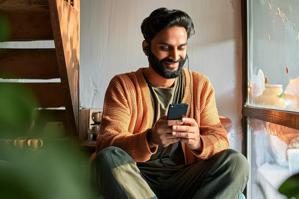 A person wearing an orange cardigan and green trousers looking at their mobile phone.