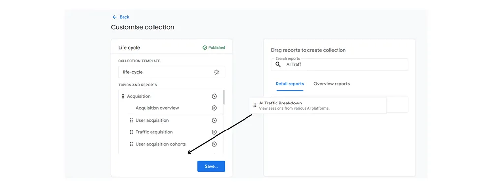 Google Analytics 4 'Customise collection' tab and 'AI Traffic Breakdown' report locations