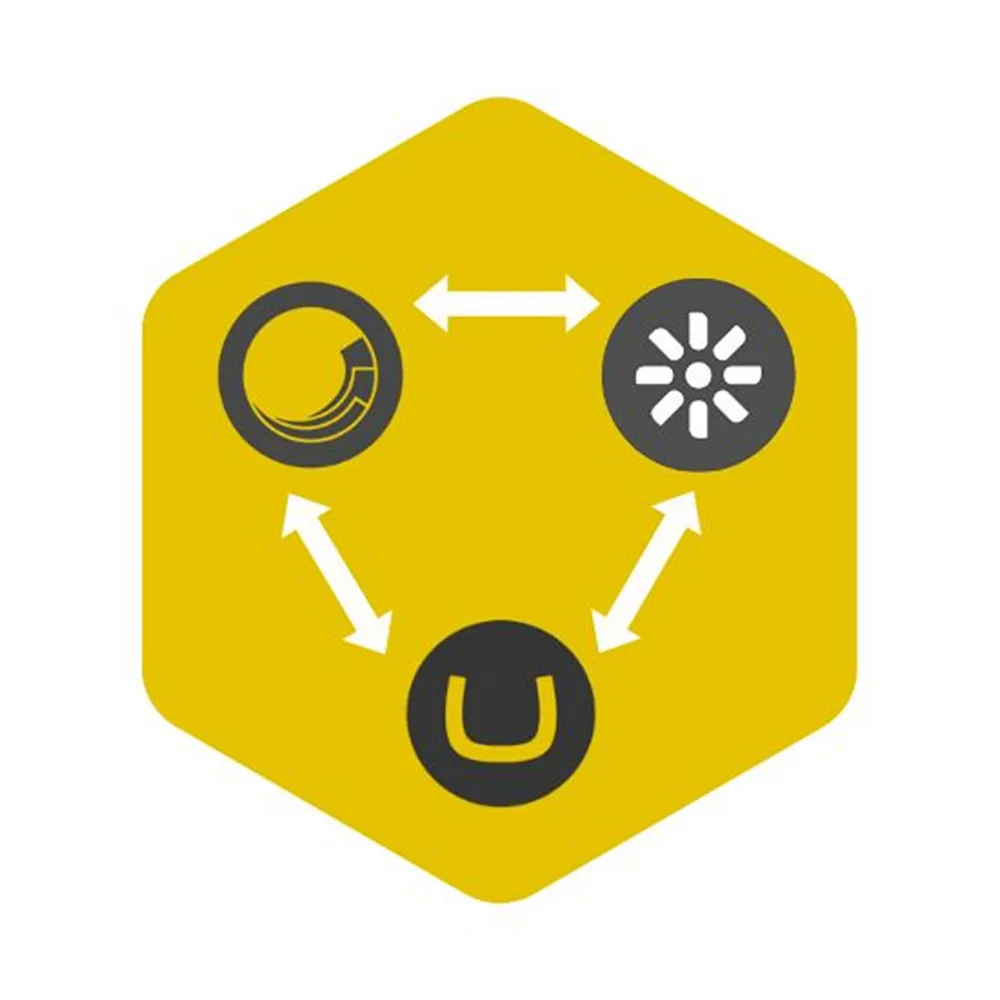 A yellow hexagon with arrows between Umbraco, Sitecore and Kentico glyphs