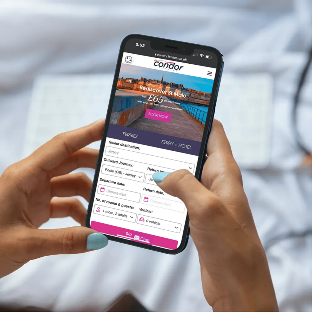 Condor Ferries Day Trips from Poole to Jersey webpage open on a smartphone device