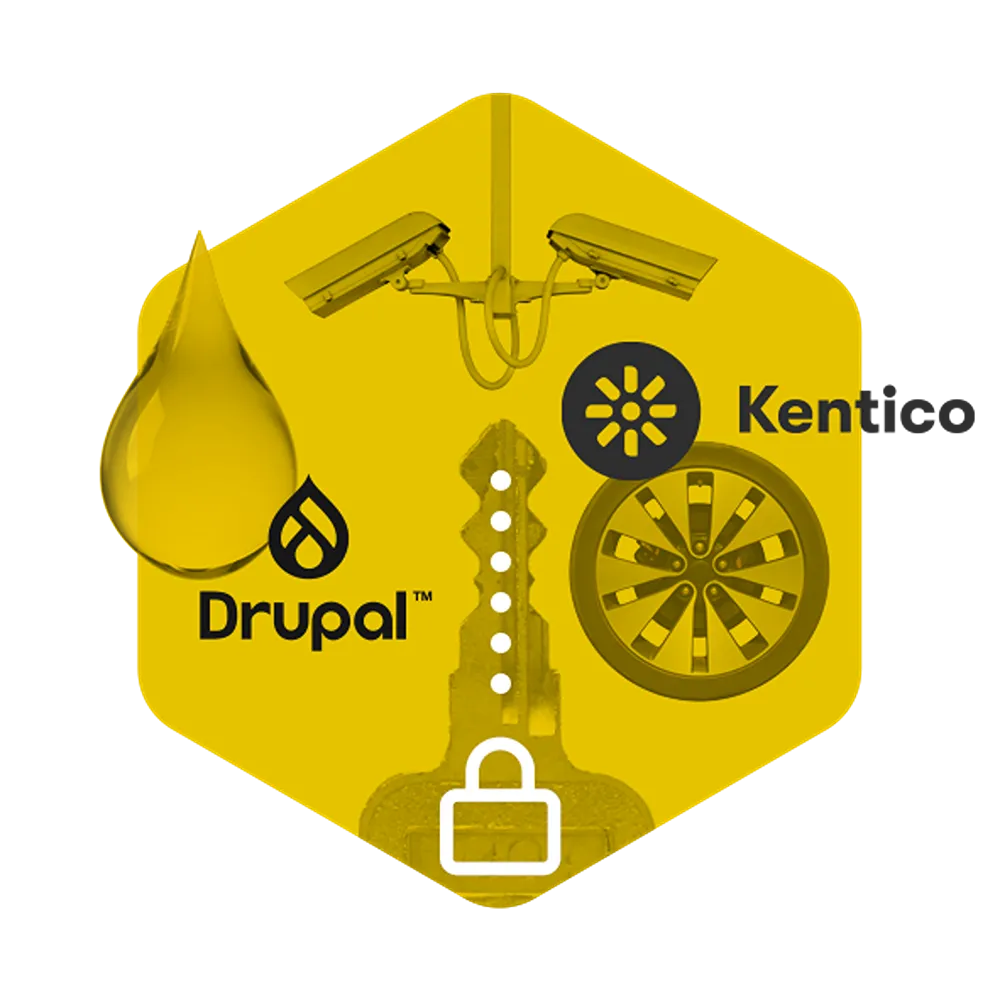 A yellow hexagon with the Drupal logo on the left and the Kentico logo on the right.