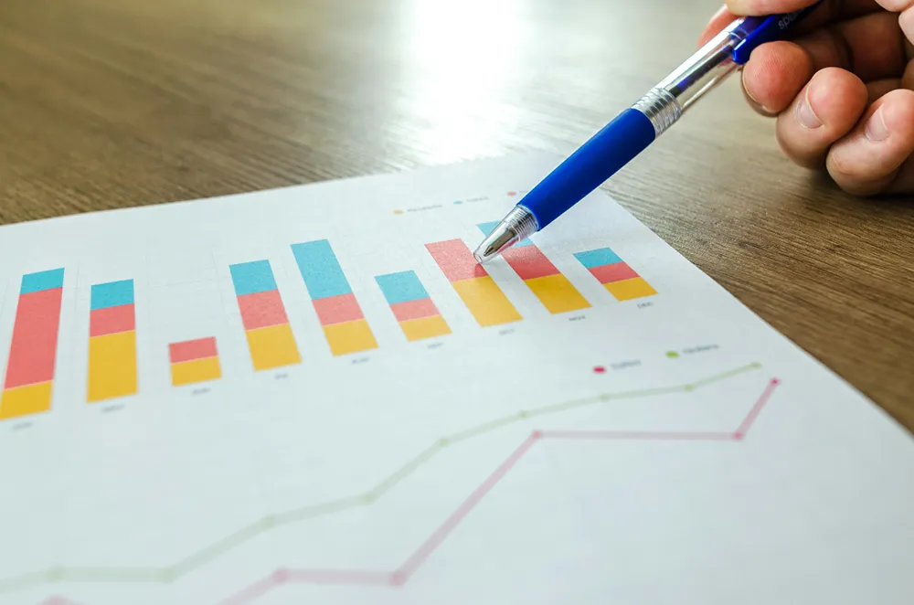 A bar graph and line graph on a printed piece of paper.