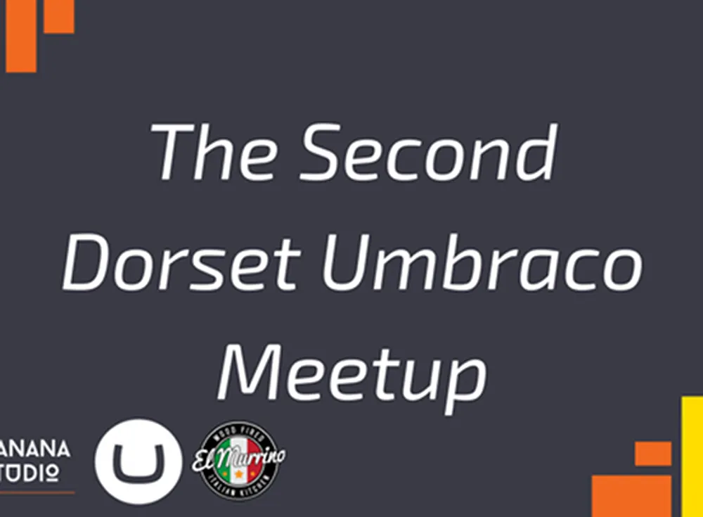 The Second Dorset Umbraco Meetup graphic with the Cold Banana Studio logo, a white Umbraco glyph, and the El Murrino logo