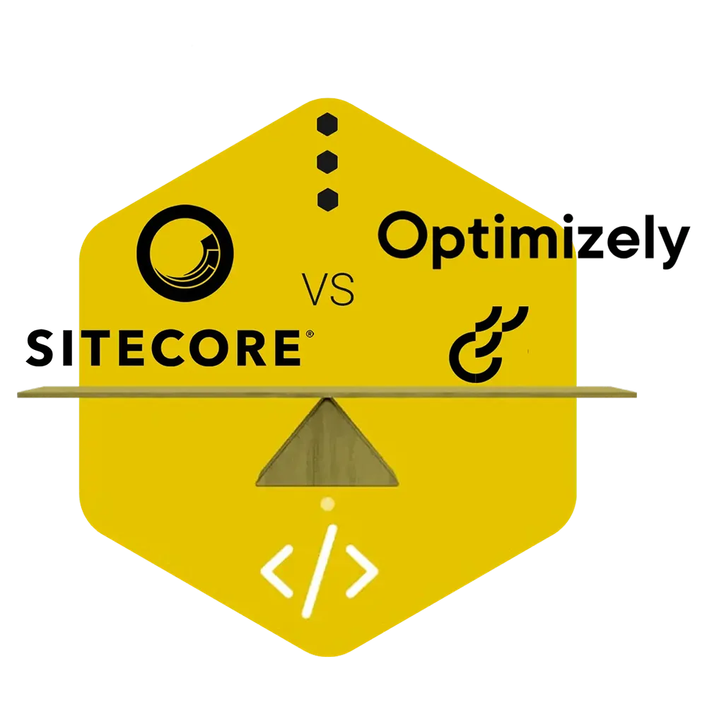 A Sitecore vs Optimizely graphic with a black Sitecore logo on the left and a black Optimizely logo on the right, with a yellow hexagon as the background