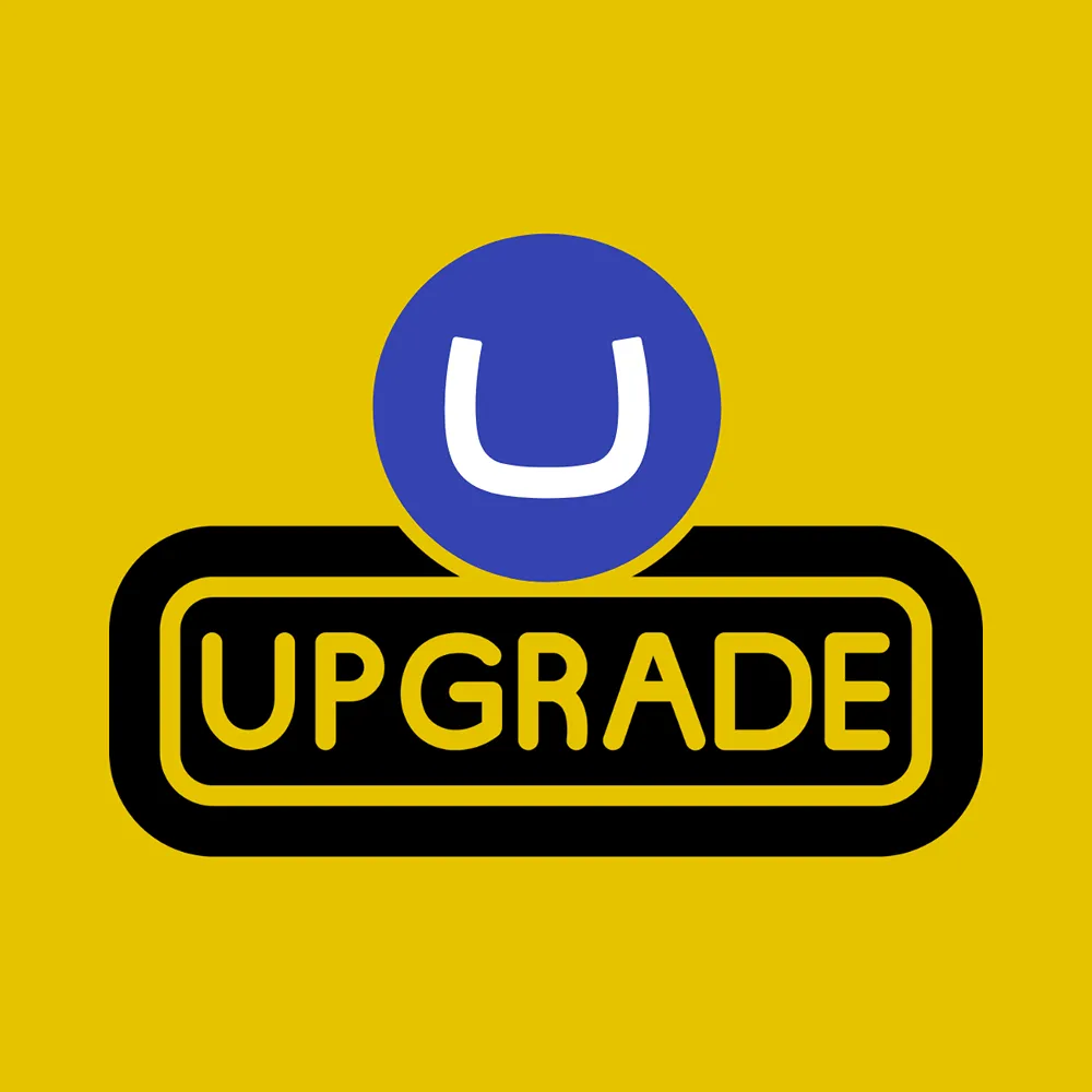 A blue Umbraco glyph sitting atop a black button that reads "UPGRADE"