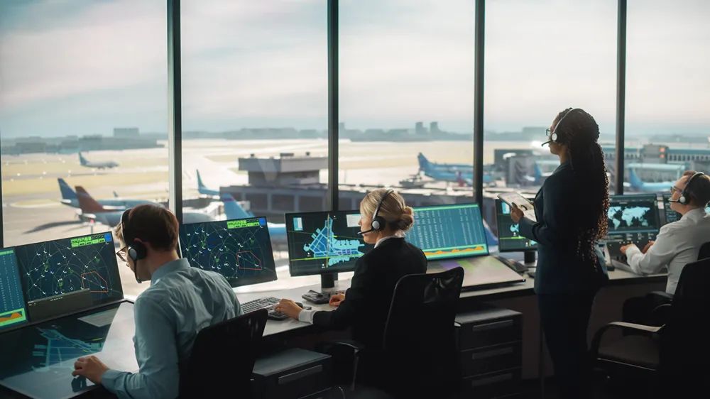 Air traffic control overseeing operations of an airport runway.