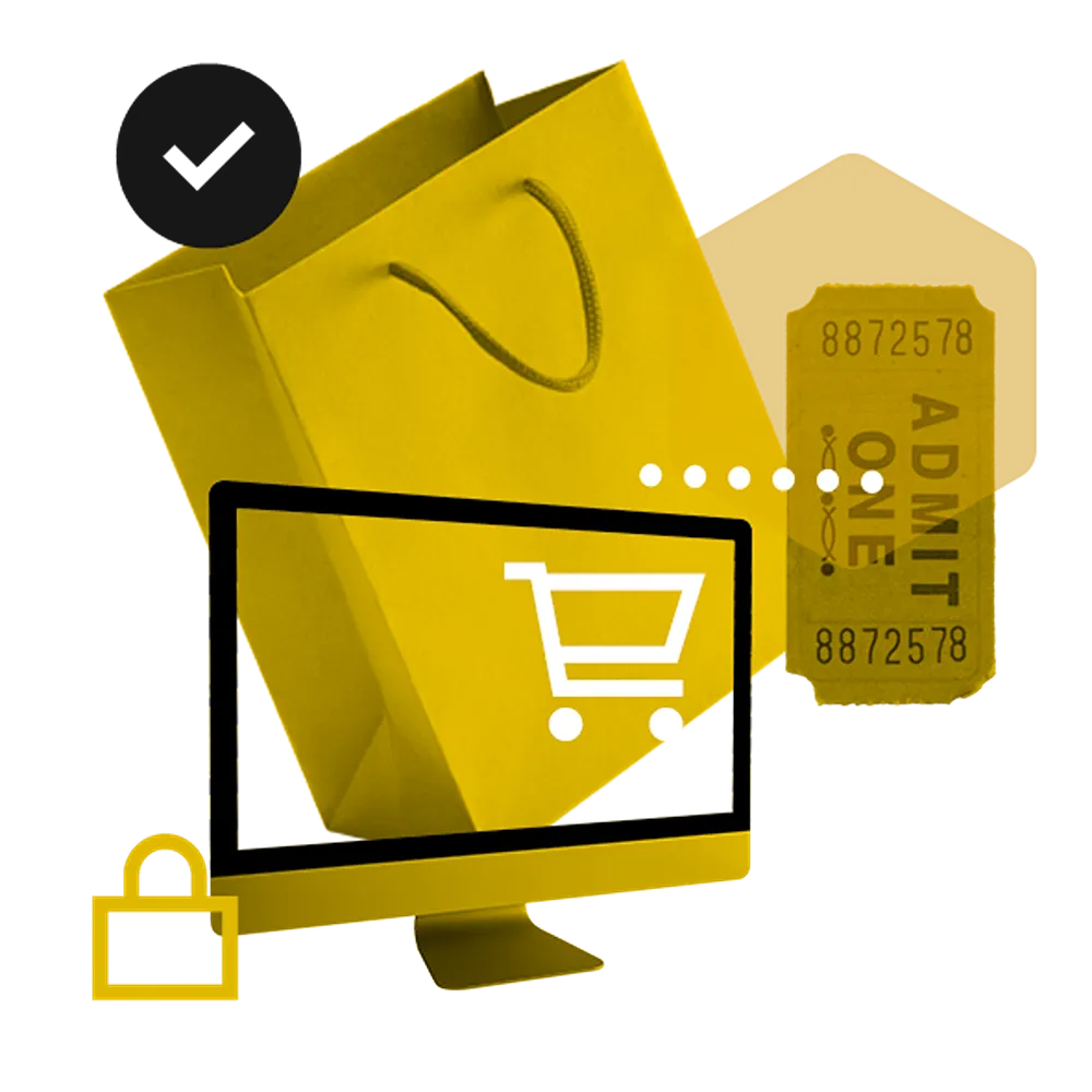 A yellow graphic of a desktop monitor, a shopping bag, and an Admit One ticket