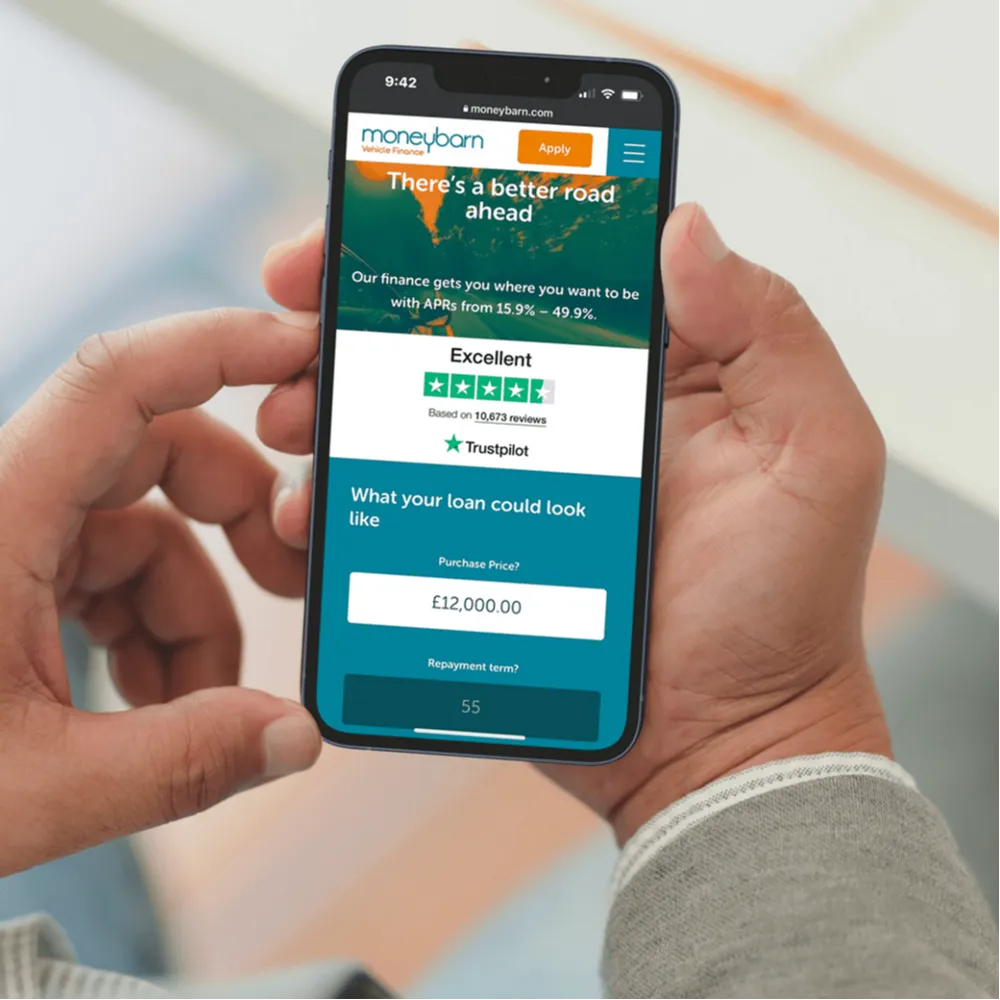 Moneybarn webpage open on a smartphone device
