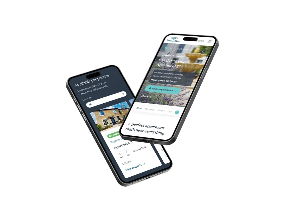 Platinum Skies webpages on two smartphones overlapping one another.